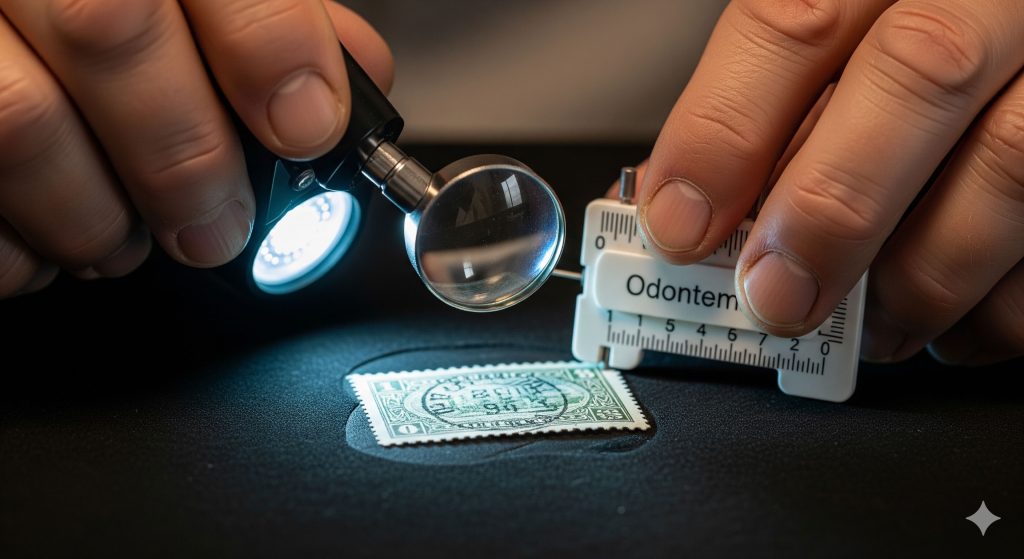 Se muestran las herramientas clave mencionadas en el estudio de sellos: la lupa de precisión, el odontómetro para medir el dentado y el uso de luz especializada para verificar marcas de agua o posibles alteraciones.