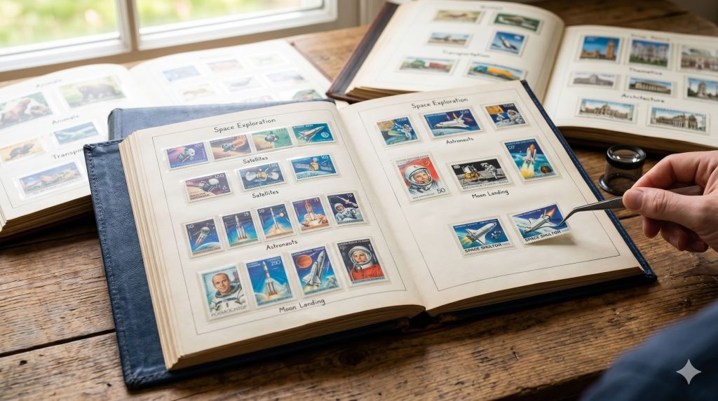 Esta imagen refleja la esencia de la filatelia temática: la organización de sellos no por país o año, sino por el tema que ilustran. En este caso, se muestra una colección centrada en la exploración espacial