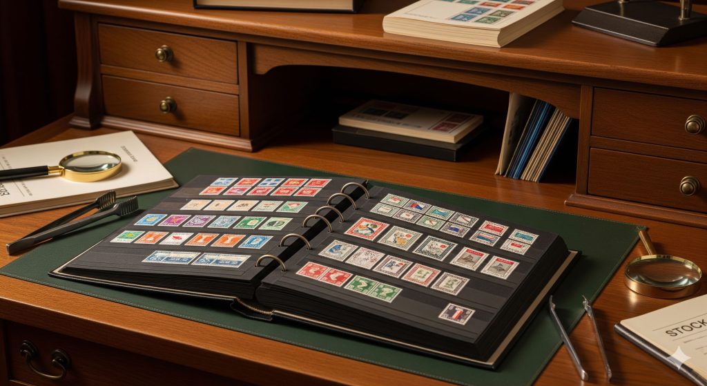 La imagen muestra el enfoque principal del coleccionismo tradicional: la organización por países, emisiones y el estudio detallado de cada pieza en un entorno de trabajo clásico y ordenado.