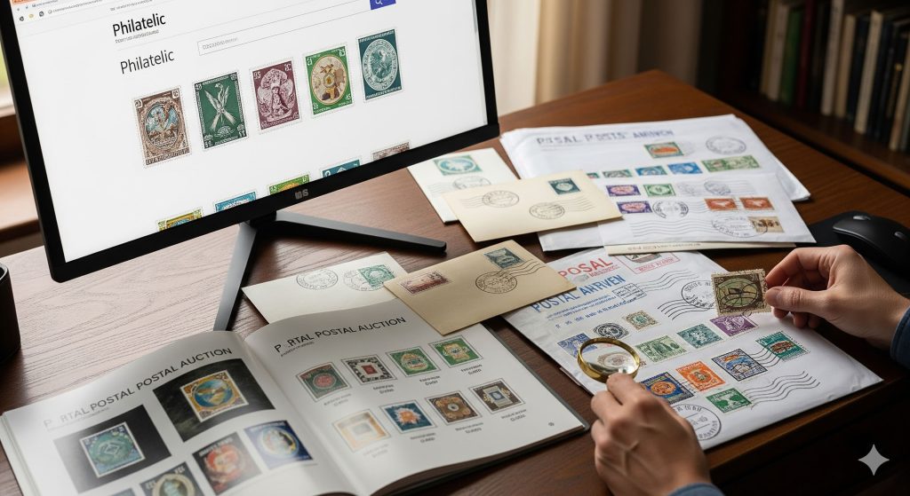 En esta imagen se aprecia los tres tipos de canales. 

El canal digital: Una pantalla con una tienda online de filatelia.

El canal tradicional: Catálogos de subastas y sobres con matasellos.

La recepción: Paquetes de correo recién llegados, que representan la culminación del proceso de compr