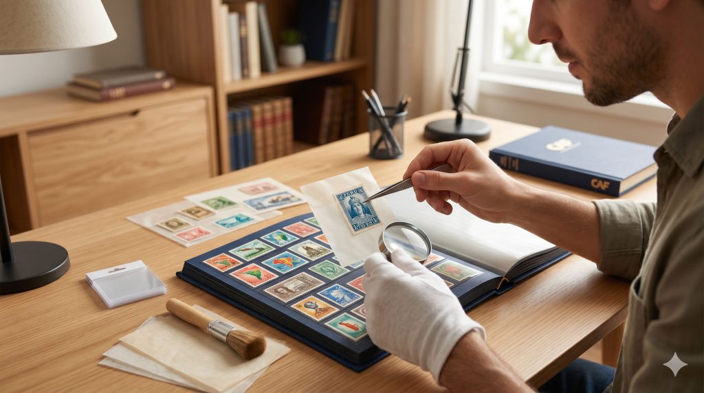 Muestra a una persona manipulando sus estampillas con pinzas y guardándolas cuidadosamente en un álbum filatélico, con un entorno limpio y organizado, perfecto para ilustrar los consejos de cuidado y mantenimiento de una colección