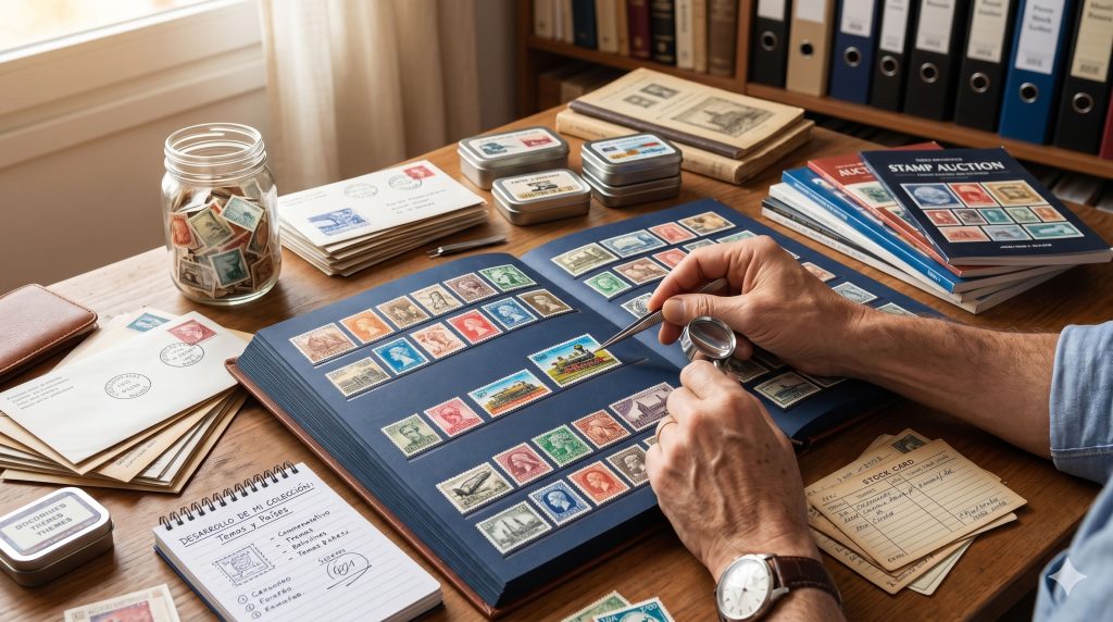 Esta imagen captura la esencia de la organización y el cuidado necesarios para expandir y disfrutar de una colección filatélica, mostrando un clasificador con sellos de varios países y herramientas como pinzas y una lupa.
