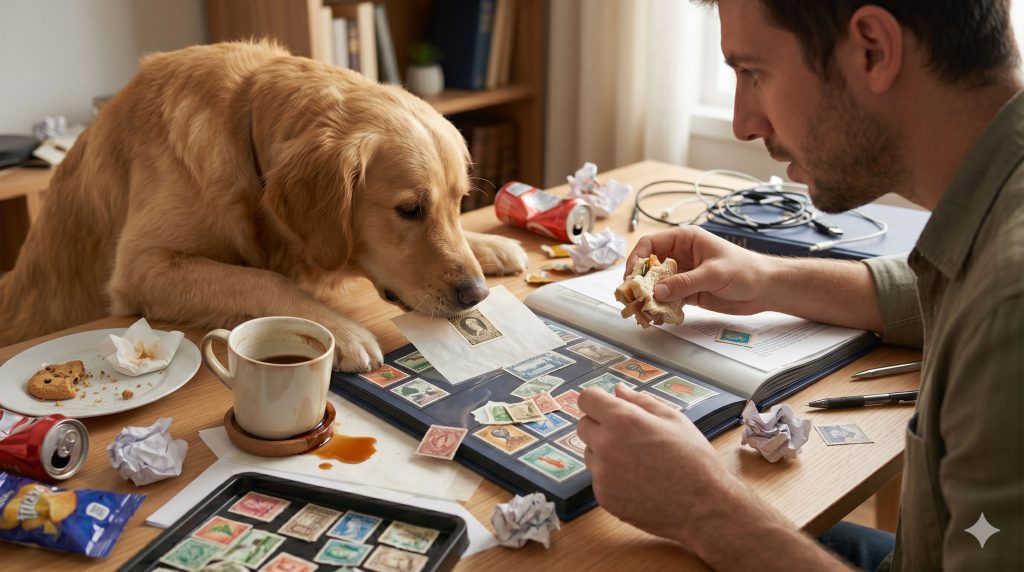 Esta imagen ilustra de forma extrema los errores críticos de manipulación que ponen en riesgo una colección. La presencia de alimentos y líquidos (como el café derramado y las migas) amenaza con manchas irreversibles; la falta de pinzas transfiere aceites corporales al papel; y la cercanía de mascotas añade un factor de riesgo por suciedad o accidentes físicos. En un entorno desordenado, la integridad de las piezas se pierde entre el descuido y la contaminación cruzada.