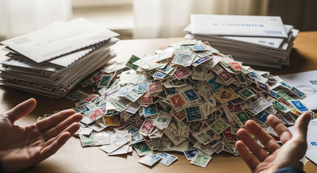 La imagen ahora refleja el concepto de desorden y falta de enfoque: una montaña de sellos mezclados sin álbumes adecuados, compras por impulso (sobres cerrados sin clasificar) y la falta de materiales técnicos, centrándose en el caos de quien empieza sin un objetivo claro.