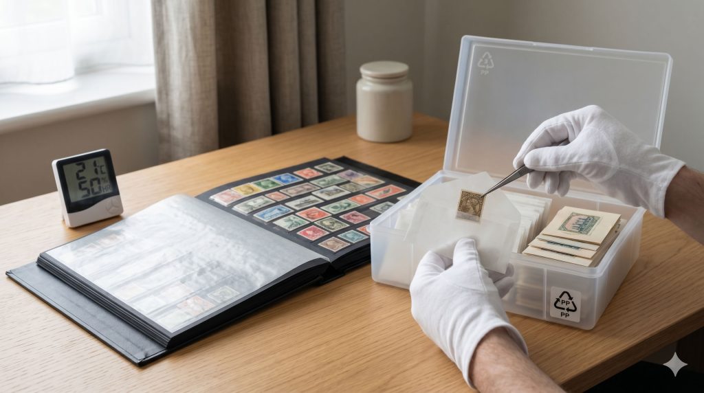 Al fondo, la luz natural entra suavemente pero filtrada por una cortina gruesa, y cerca del escritorio hay un pequeño termohigrómetro digital que marca niveles óptimos de humedad y temperatura (ej. 21°C / 50% HR), visualizando el control ambiental que pide el artículo