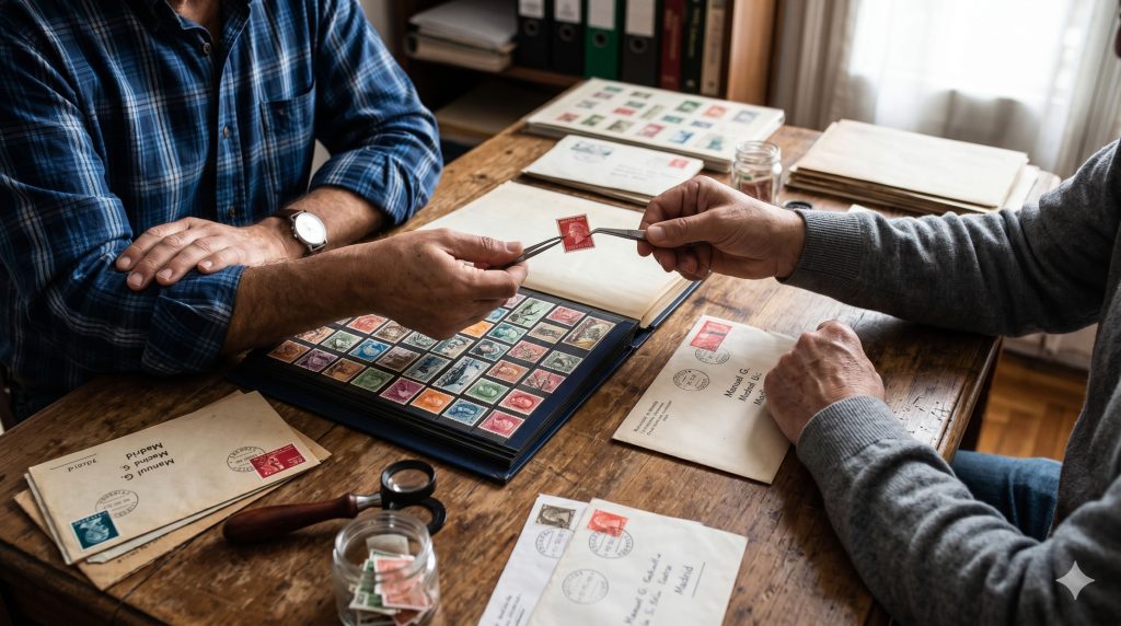 Esta imagen captura el momento de intercambio entre dos filatelistas  con el grado de inspección y detalle que se requiere al adquirir nuevas piezas para una colección.