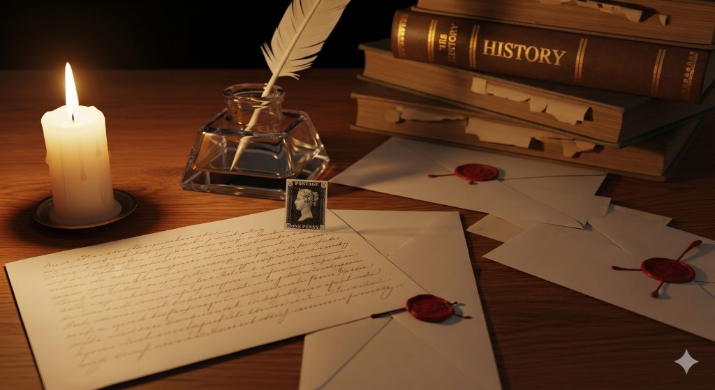 La imagen transporta al lector al siglo XIX, mostrando elementos icónicos como el Penny Black (el primer sello del mundo), cartas antiguas con sellos de lacre, tinteros de pluma y documentos que sugieren el nacimiento de la reforma posta