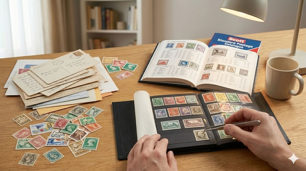 Escritorio de coleccionista mostrando la transición de sellos sueltos a un álbum organizado con catálogo.