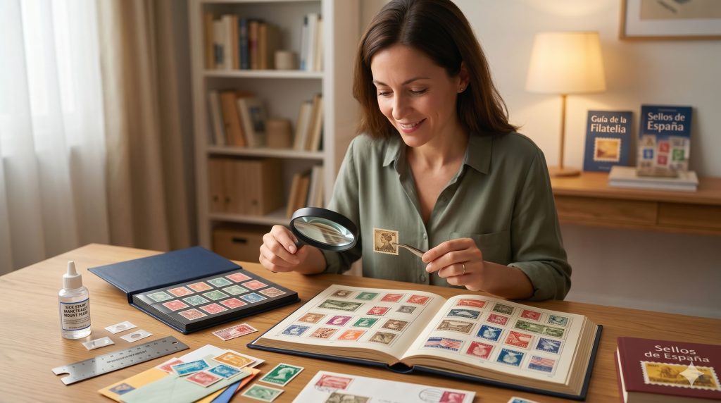 Materiales recomendados para coleccionar sellos: álbum, lupas y pinzas filatélicas