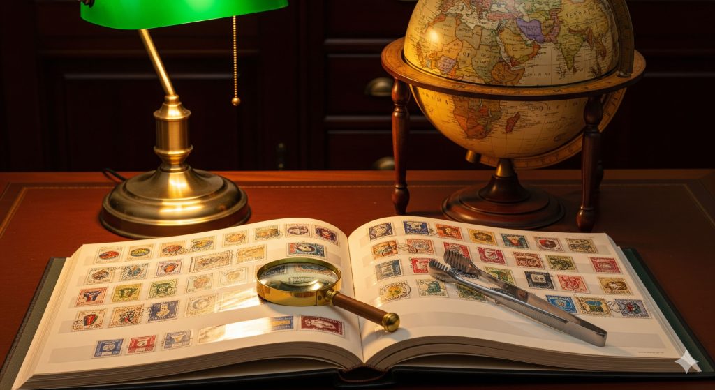 La imagen representa la filatelia no solo como el acto de juntar sellos, sino como una disciplina de estudio. Muestra un escritorio donde conviven sellos de diversas épocas y partes del mundo, herramientas de precisión y un globo terráqueo o mapas, simbolizando el viaje cultural que implica este hobby.